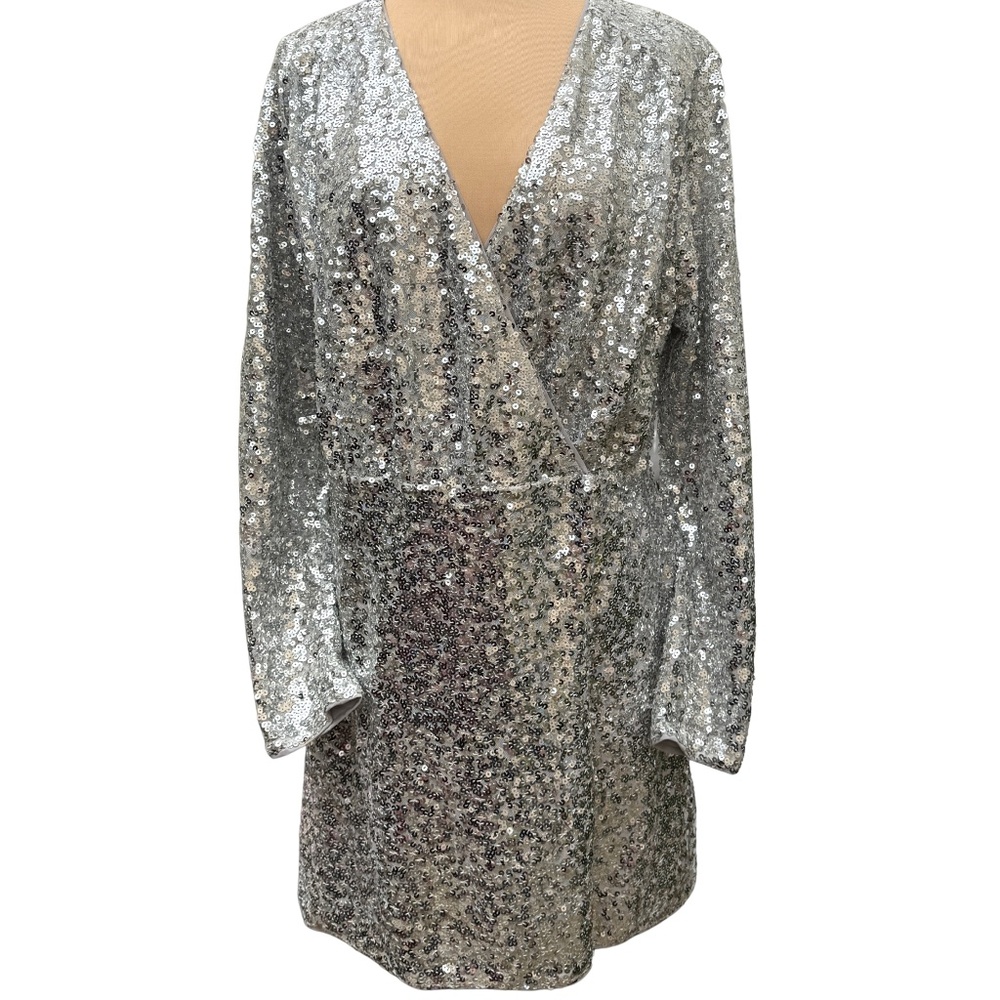Silver sequined wrap mini dress